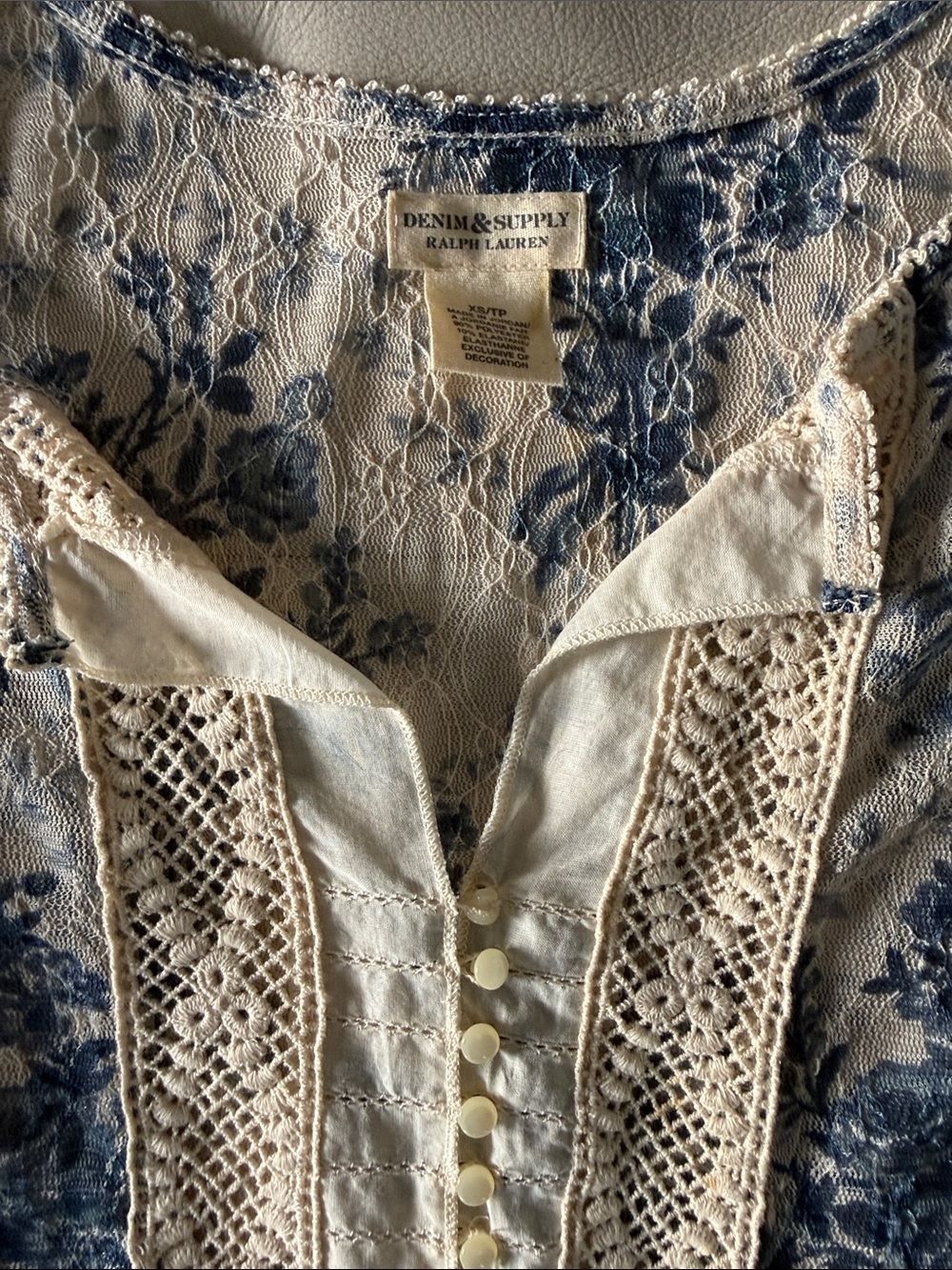 Denim & Supply Ralph Lauren Cream Blouse with Blue Floral Lace Trim